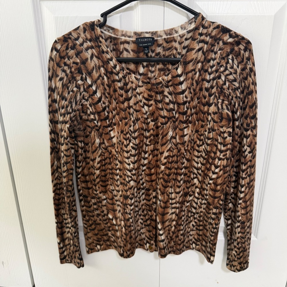 Talbots Womens Small Brown Feather Print Merino Wool Button Front Cardigan